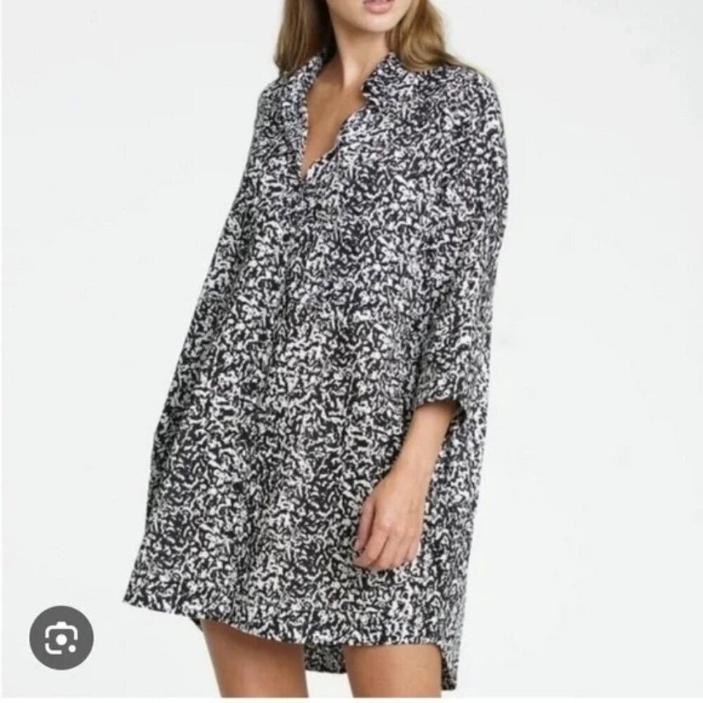 Pistola Sam Black and White Cotton Floral Long Sleeve Shirt Dress Small S